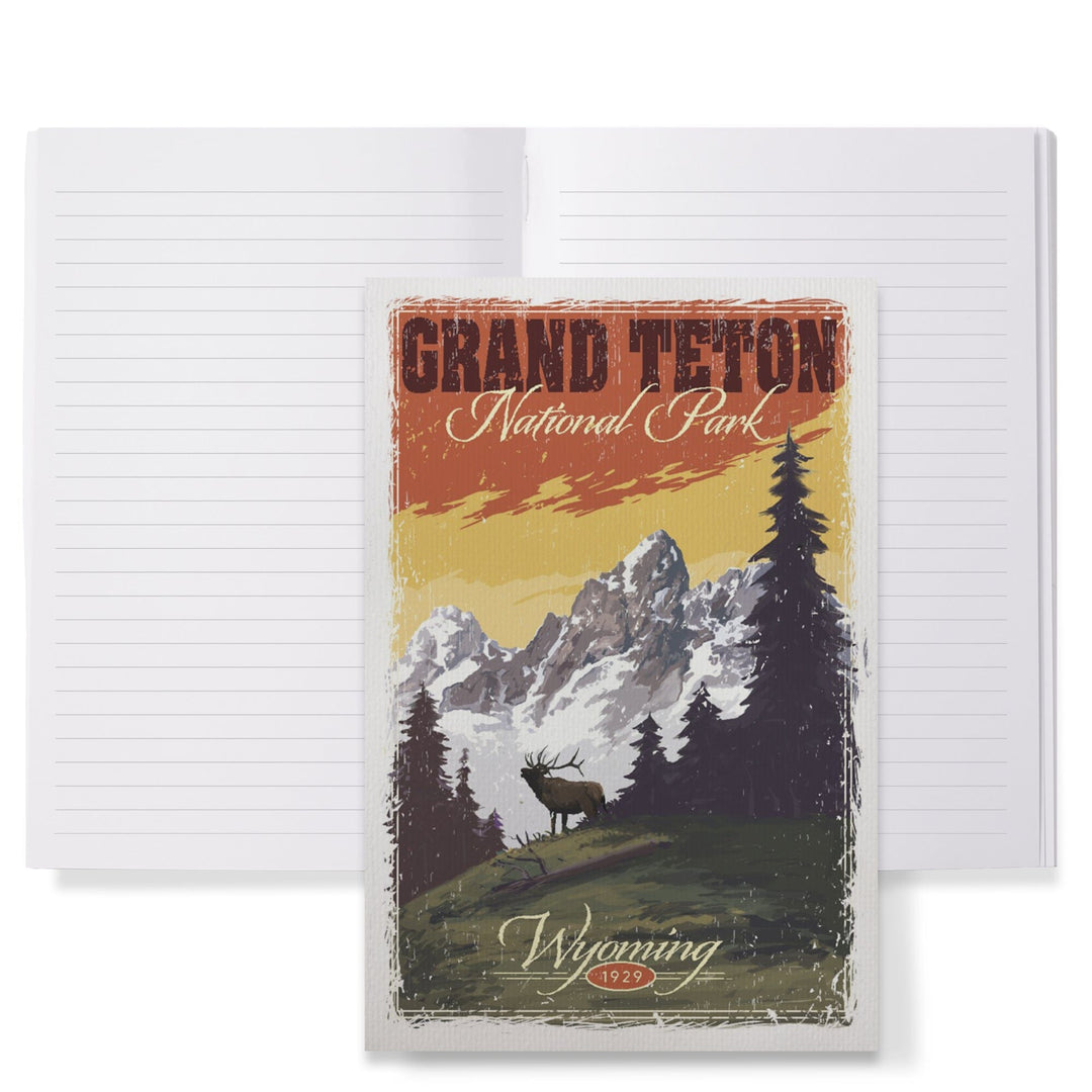 Lined 6x9 Journal, Grand Teton National Park, Wyoming, Mountain View and Elk, Distressed, Lay Flat, 193 Pages, FSC paper Home Lantern Press