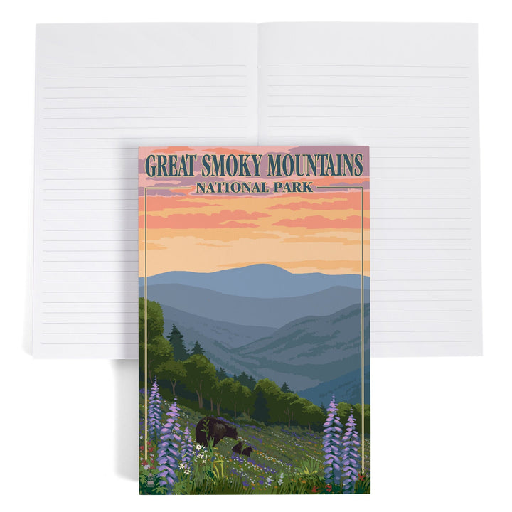 Lined 6x9 Journal, Great Smoky Mountains National Park, Tennessee, Bear and Cubs with Flowers Press, Lay Flat, 193 Pages, FSC paper Home Lantern Press