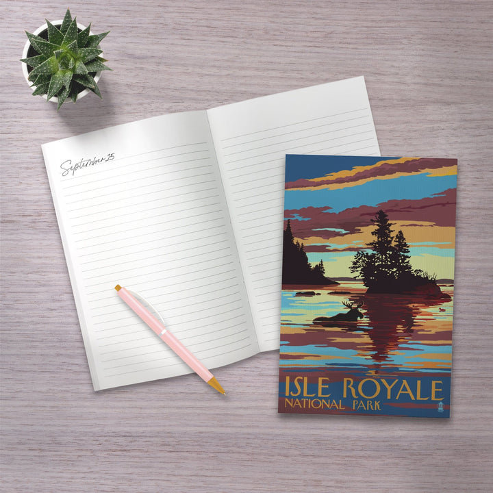 Lined 6x9 Journal, Isle Royale National Park, Michigan, Moose Swimming at Sunset, Lay Flat, 193 Pages, FSC paper Home Lantern Press