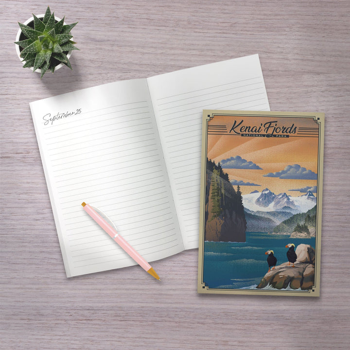 Lined 6x9 Journal, Kenai Fjords National Park, Alaska, Lithograph Park Series, Tufted Puffins, Lay Flat, 193 Pages, FSC paper Home Lantern Press