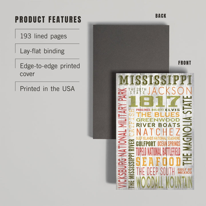 Lined 6x9 Journal, Mississippi, Rustic Typography, Lay Flat, 193 Pages, FSC paper Home Lantern Press