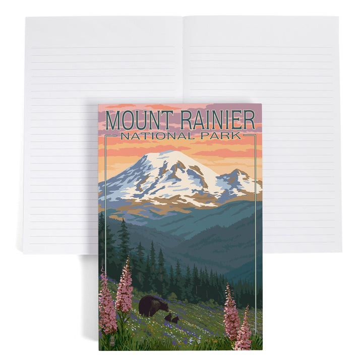 Lined 6x9 Journal, Mount Rainier National Park, Washington, Bear and Spring Flowers, Lay Flat, 193 Pages, FSC paper Home Lantern Press