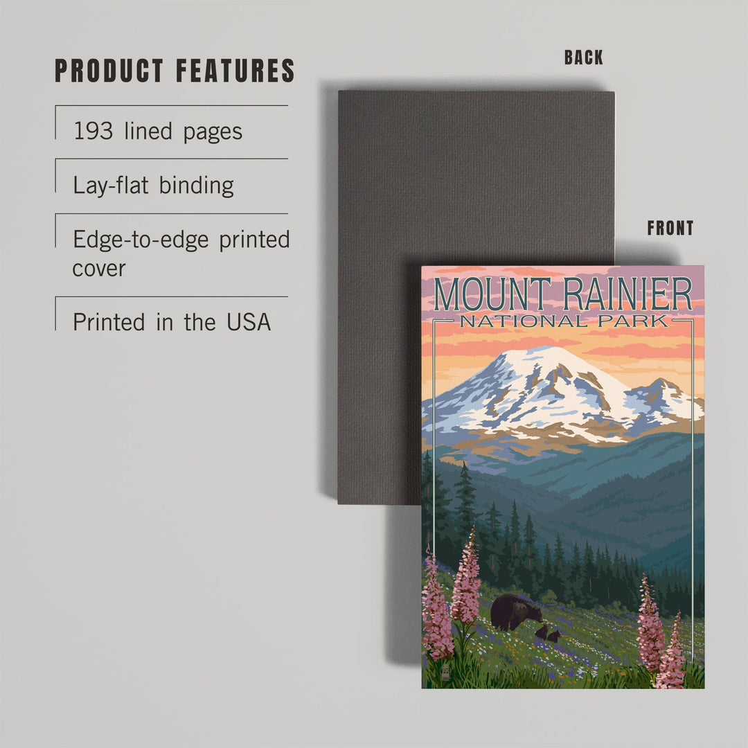 Lined 6x9 Journal, Mount Rainier National Park, Washington, Bear and Spring Flowers, Lay Flat, 193 Pages, FSC paper Home Lantern Press