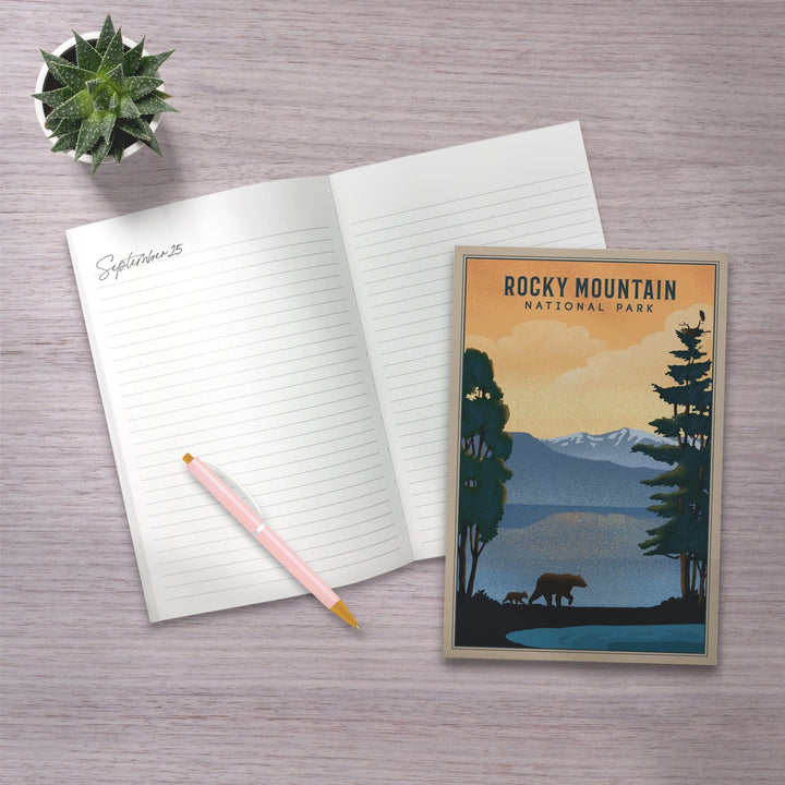 Lined 6x9 Journal, Rocky Mountain National Park, Black Bear and Lake, Lithograph, Lay Flat, 193 Pages, FSC paper Home Lantern Press