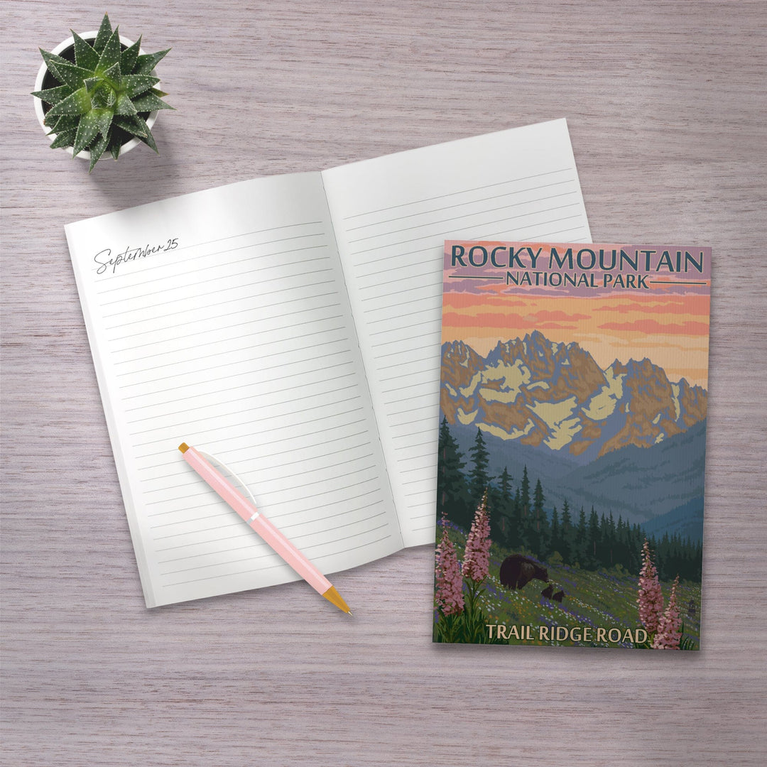 Lined 6x9 Journal, Rocky Mountain National Park, Colorado, Trail Ridge Road, Bear and Spring Flowers, Lay Flat, 193 Pages, FSC paper Home Lantern Press