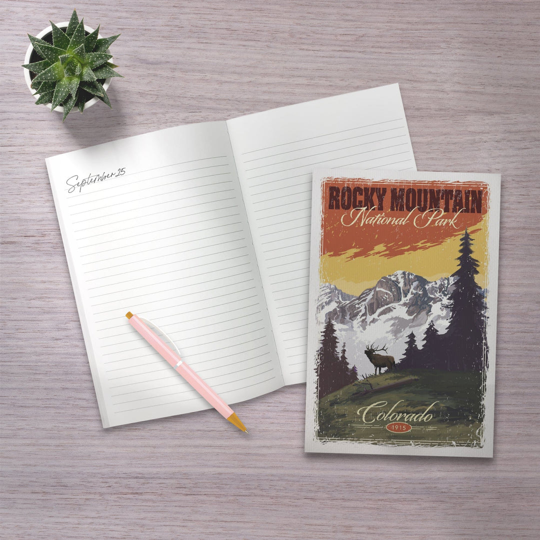 Lined 6x9 Journal, Rocky Mountain National Park, Mountain View and Elk, Distressed, Lay Flat, 193 Pages, FSC paper Home Lantern Press