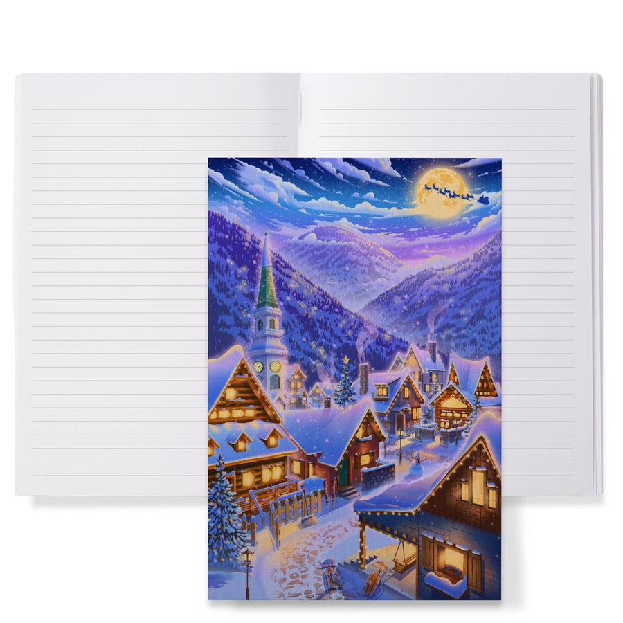 Lined 6x9 Journal, Sleepy Winter Village, Santa Flying Over Mountain, Lay Flat, 193 Pages, FSC paper Home Lantern Press