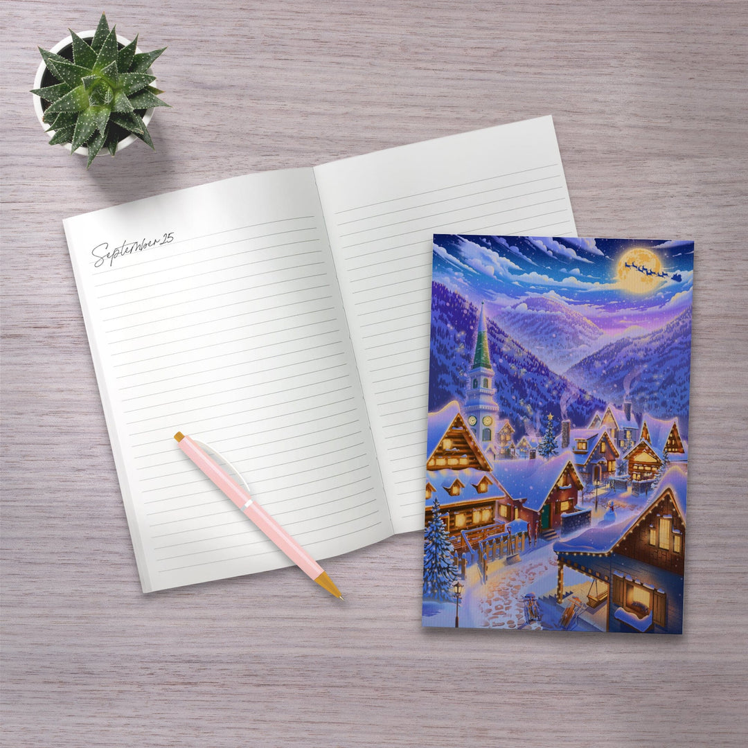 Lined 6x9 Journal, Sleepy Winter Village, Santa Flying Over Mountain, Lay Flat, 193 Pages, FSC paper Home Lantern Press