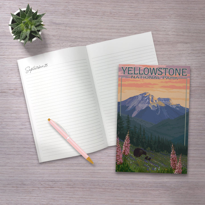 Lined 6x9 Journal, Yellowstone National Park, Bear and Spring Flowers, Lay Flat, 193 Pages, FSC paper Home Lantern Press