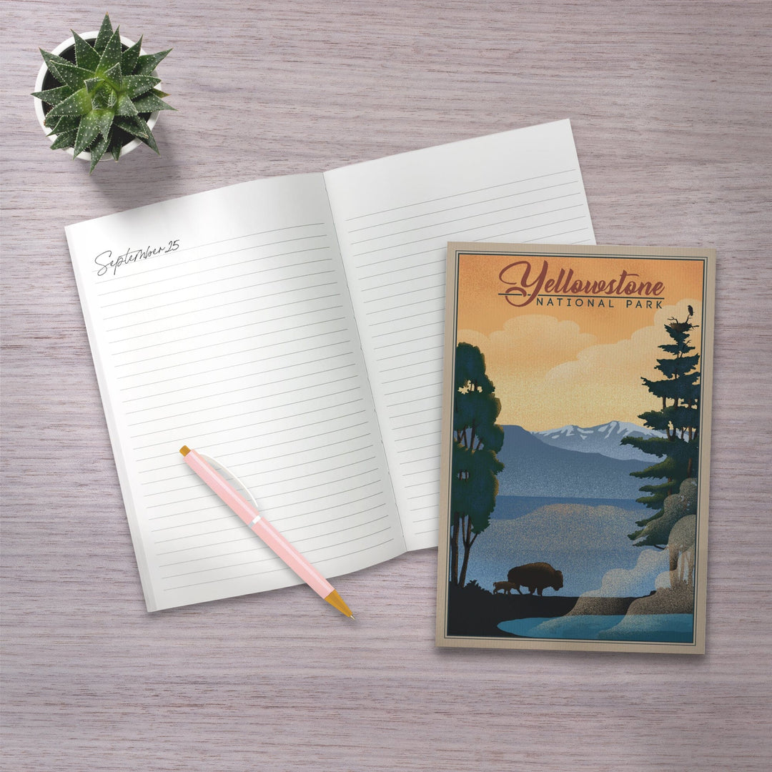 Lined 6x9 Journal, Yellowstone National Park, Bison and Lake, Lithograph National Park Series, Lay Flat, 193 Pages, FSC paper Home Lantern Press