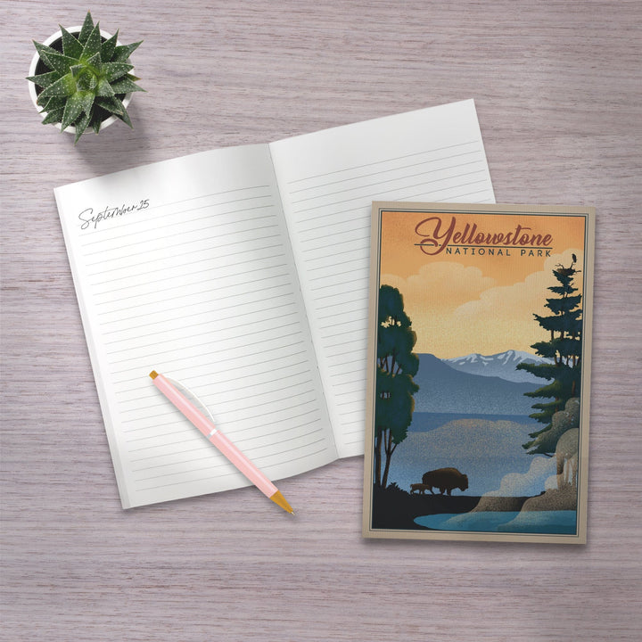 Lined 6x9 Journal, Yellowstone National Park, Bison and Lake, Lithograph National Park Series, Lay Flat, 193 Pages, FSC paper Home Lantern Press