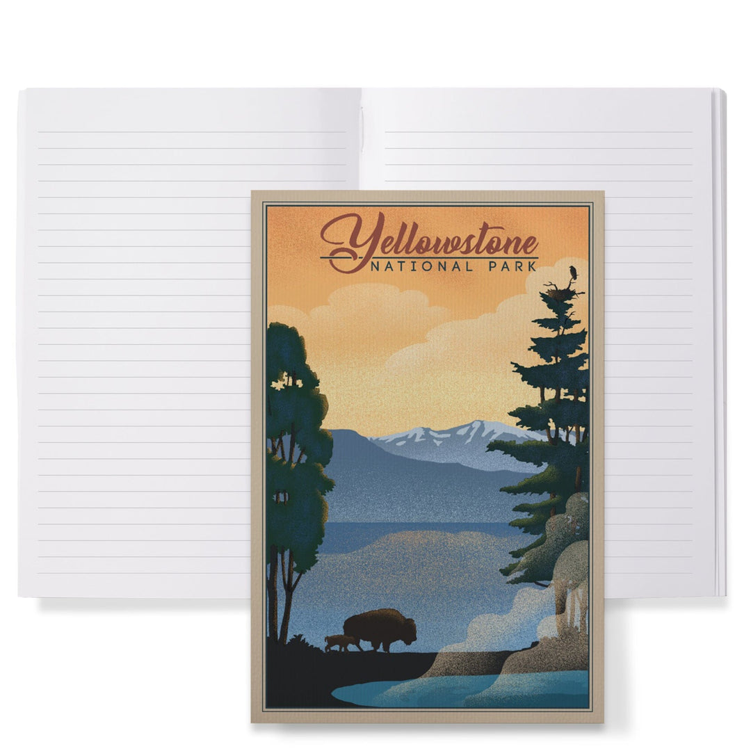 Lined 6x9 Journal, Yellowstone National Park, Bison and Lake, Lithograph National Park Series, Lay Flat, 193 Pages, FSC paper Home Lantern Press