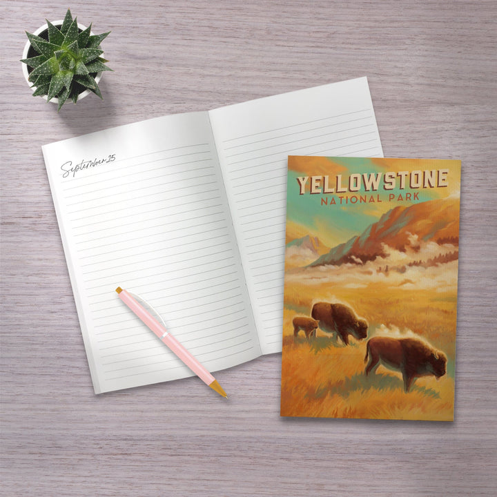 Lined 6x9 Journal, Yellowstone National Park, Bison Family, Oil Painting, Lay Flat, 193 Pages, FSC paper Home Lantern Press