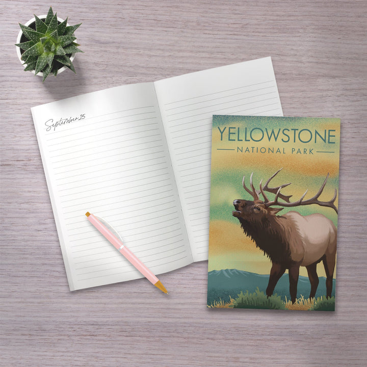 Lined 6x9 Journal, Yellowstone National Park, Elk, Lithograph, Lay Flat, 193 Pages, FSC paper Home Lantern Press
