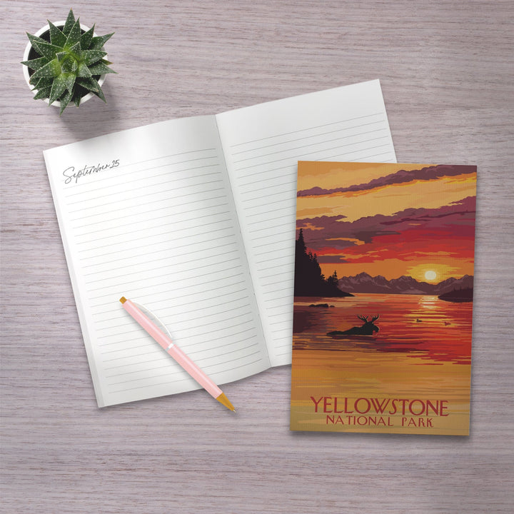Lined 6x9 Journal, Yellowstone National Park, Montana, Painterly, Moose at Sunset, Lay Flat, 193 Pages, FSC paper Home Lantern Press