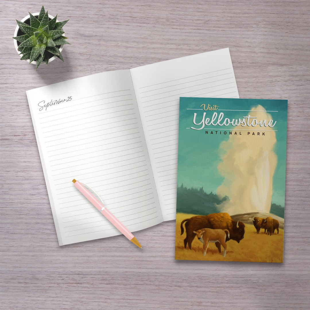 Lined 6x9 Journal, Yellowstone National Park, Oil Painting, Old Faithful and Bison, Lay Flat, 193 Pages, FSC paper Home Lantern Press