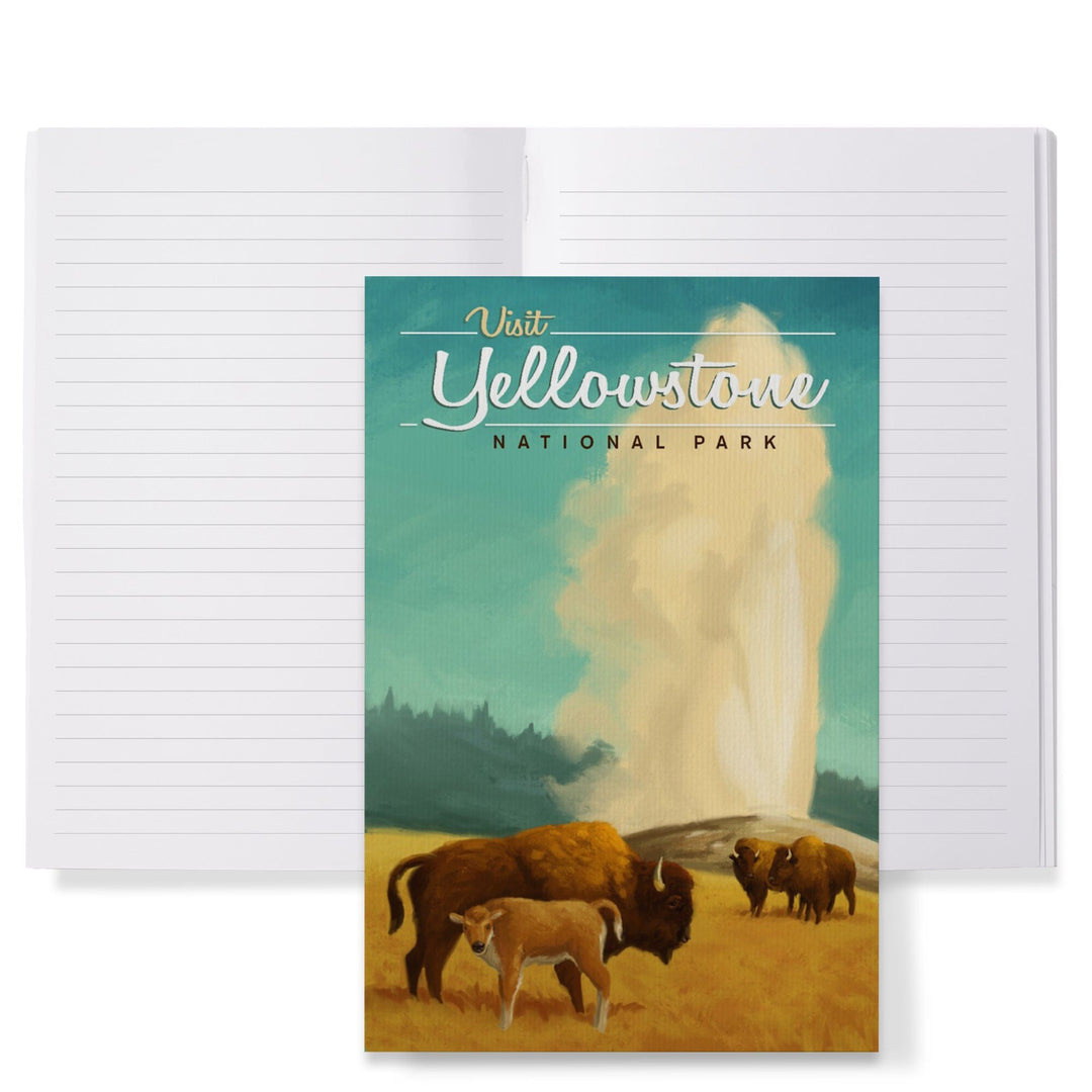 Lined 6x9 Journal, Yellowstone National Park, Oil Painting, Old Faithful and Bison, Lay Flat, 193 Pages, FSC paper Home Lantern Press