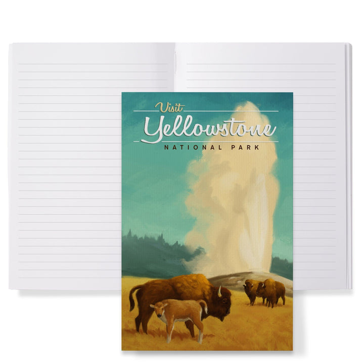 Lined 6x9 Journal, Yellowstone National Park, Oil Painting, Old Faithful and Bison, Lay Flat, 193 Pages, FSC paper Home Lantern Press