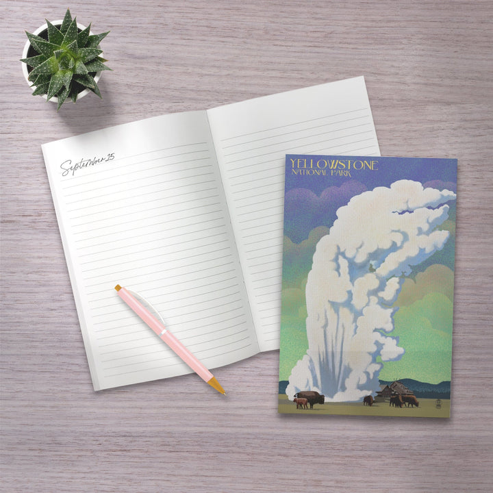 Lined 6x9 Journal, Yellowstone National Park, Old Faithful and Bison, Lithograph, Lay Flat, 193 Pages, FSC paper Home Lantern Press
