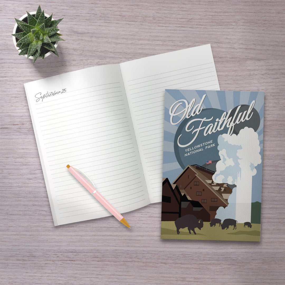 Lined 6x9 Journal, Yellowstone National Park, Old Faithful, Vector with Rays, Lay Flat, 193 Pages, FSC paper Home Lantern Press