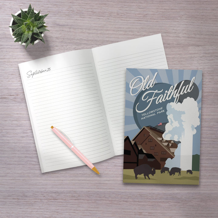 Lined 6x9 Journal, Yellowstone National Park, Old Faithful, Vector with Rays, Lay Flat, 193 Pages, FSC paper Home Lantern Press