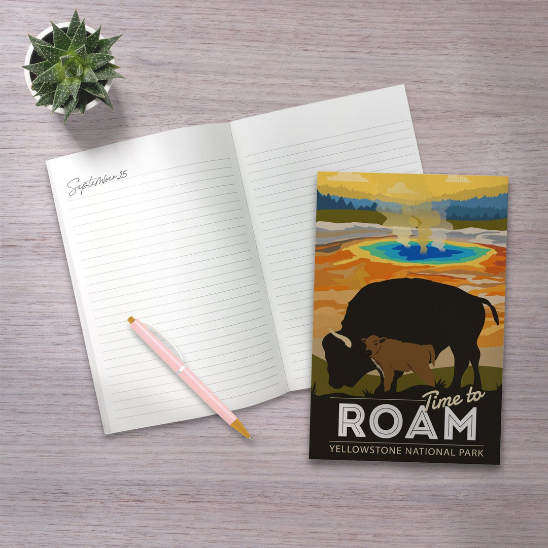 Lined 6x9 Journal, Yellowstone National Park, Time to Roam, Grand Prismatic, Bison and Calf, Lay Flat, 193 Pages, FSC paper Home Lantern Press