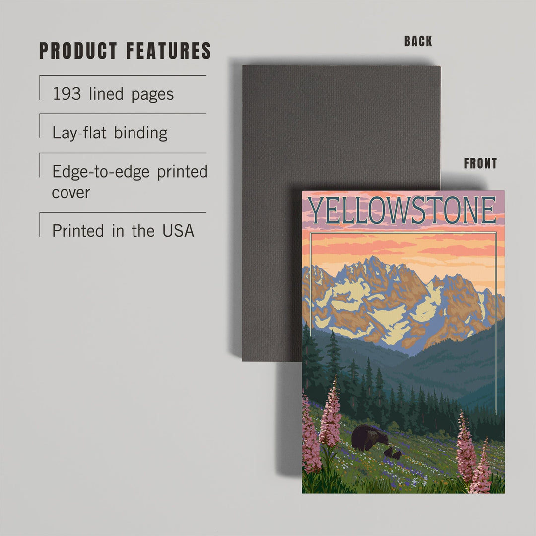 Lined 6x9 Journal, Yellowstone National Park, Wyoming, Bear and Cubs with Flowers, Lay Flat, 193 Pages, FSC paper Home Lantern Press