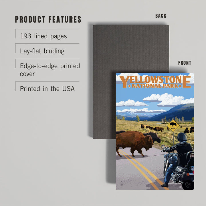 Lined 6x9 Journal, Yellowstone National Park, Wyoming, Motorcycle and Bison, Lay Flat, 193 Pages, FSC paper Home Lantern Press