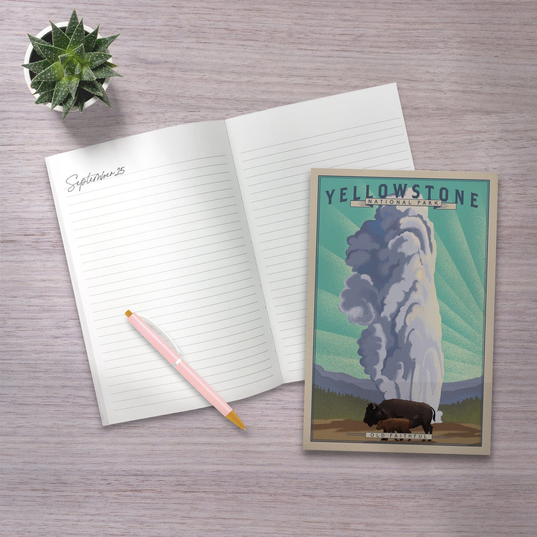 Lined 6x9 Journal, Yellowstone National Park, Wyoming, Old Faithful and Bison, Lithograph National Park Series, Lay Flat, 193 Pages, FSC paper Home Lantern Press