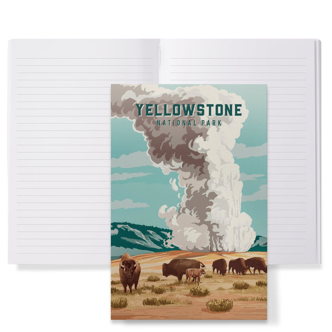 Lined 6x9 Journal, Yellowstone National Park, Wyoming, Painterly National Park Series, Bison and Geyser, Lay Flat, 193 Pages, FSC paper Home Lantern Press