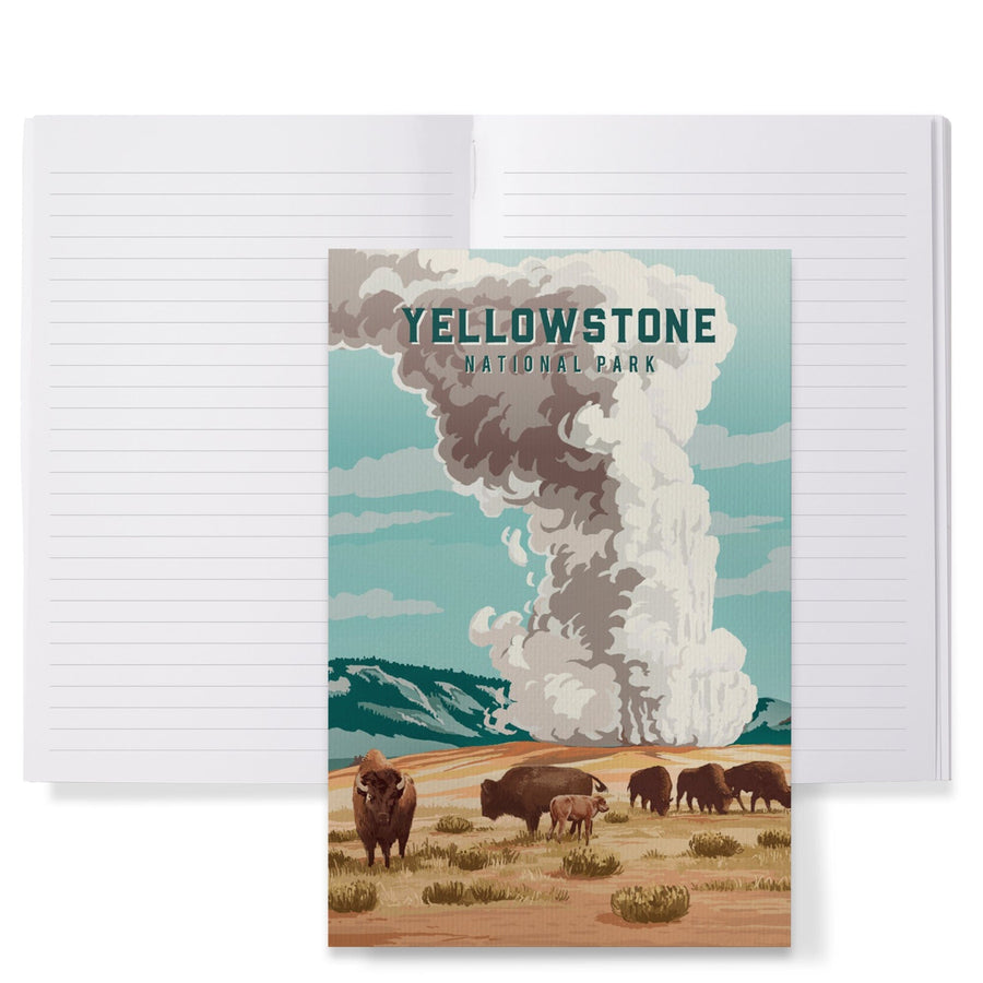 Lined 6x9 Journal, Yellowstone National Park, Wyoming, Painterly National Park Series, Bison and Geyser, Lay Flat, 193 Pages, FSC paper Home Lantern Press