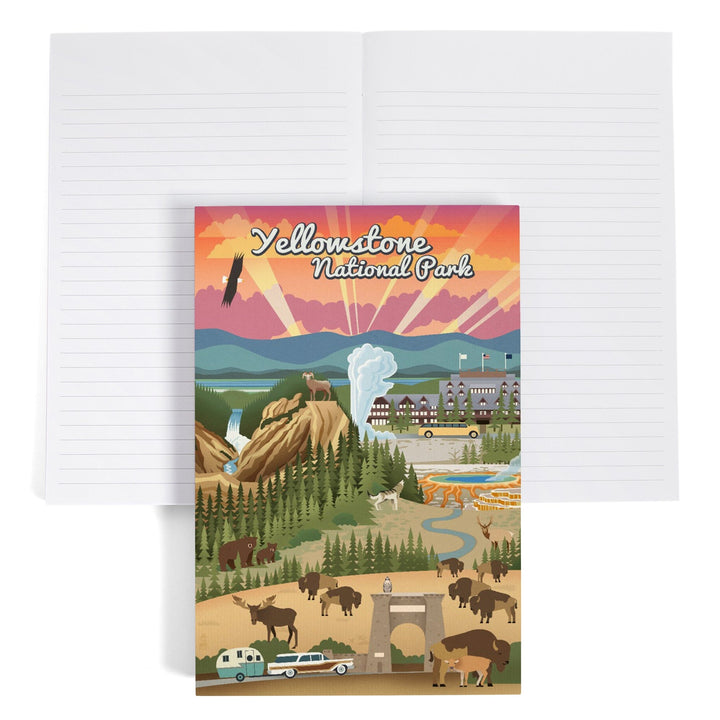 Lined 6x9 Journal, Yellowstone National Park, Wyoming, Retro View, Lay Flat, 193 Pages, FSC paper Home Lantern Press