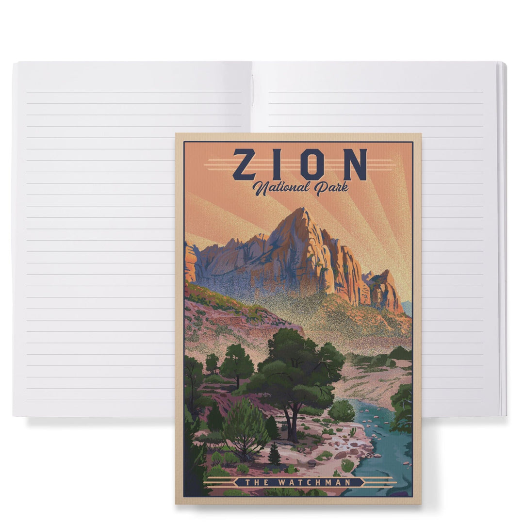 Lined 6x9 Journal, Zion National Park, Utah, The Watchman, Lithograph National Park Series, Lay Flat, 193 Pages, FSC paper Home Lantern Press