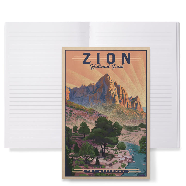 Lined 6x9 Journal, Zion National Park, Utah, The Watchman, Lithograph National Park Series, Lay Flat, 193 Pages, FSC paper Home Lantern Press
