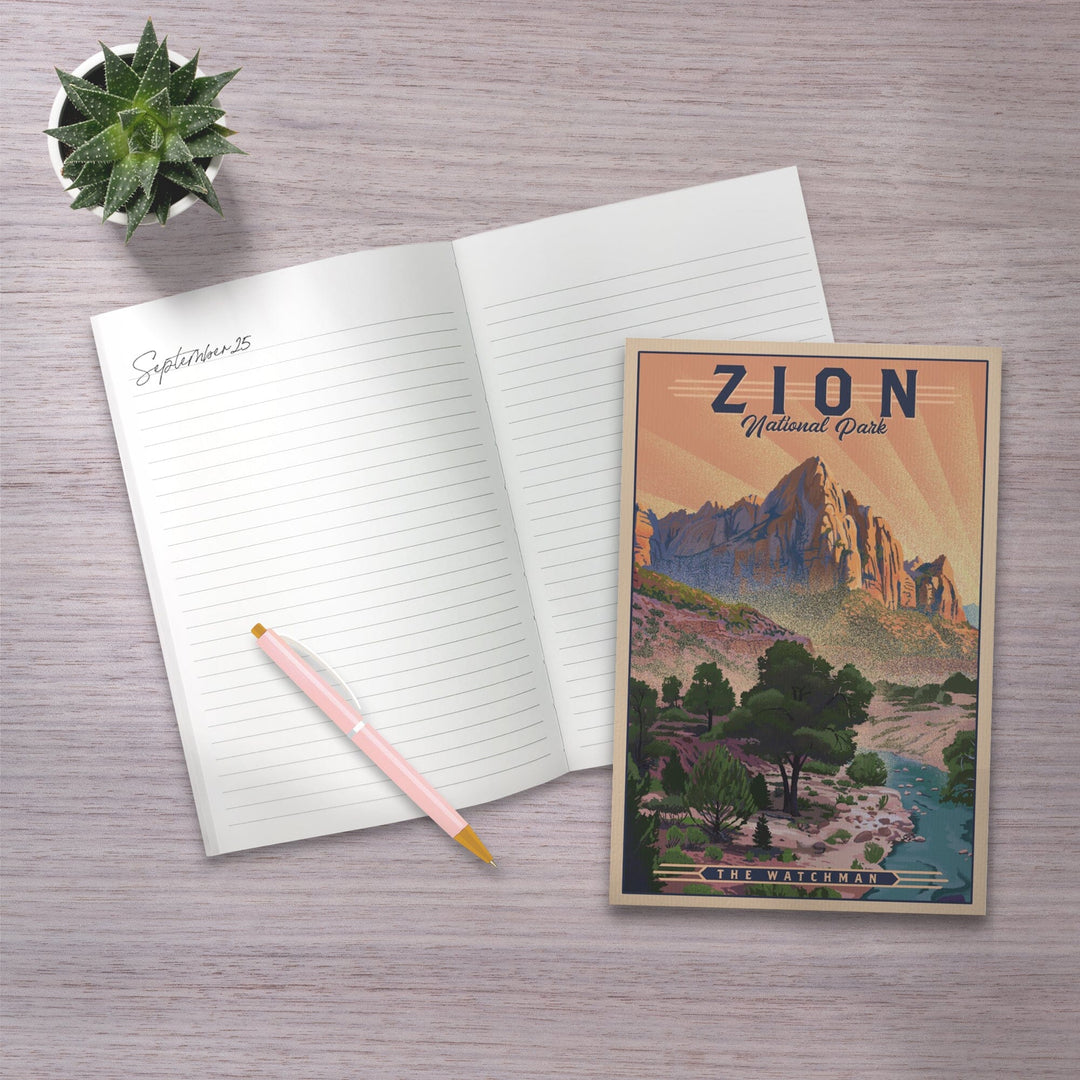 Lined 6x9 Journal, Zion National Park, Utah, The Watchman, Lithograph National Park Series, Lay Flat, 193 Pages, FSC paper Home Lantern Press