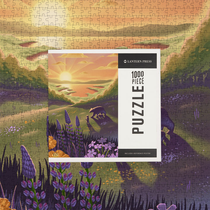 Lithograph, Bear and Spring Flowers, Lake,, Jigsaw Puzzle Puzzle Lantern Press