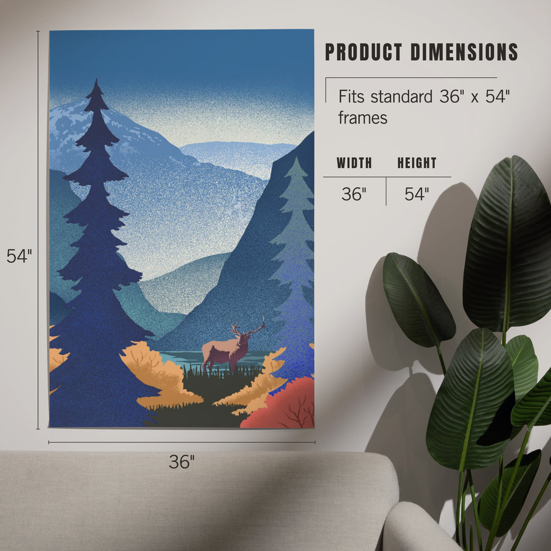 Lithograph, Elk and Mountains Scene,, Art & Giclee Prints Art Lantern Press