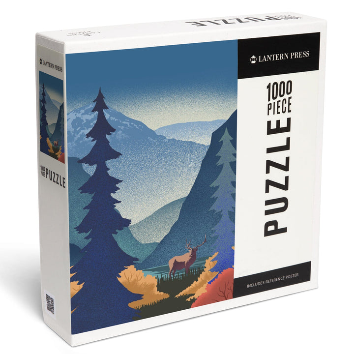 Lithograph, Elk and Mountains Scene,, Jigsaw Puzzle Puzzle Lantern Press