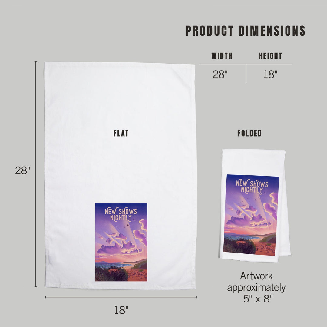 Lithograph, New Shows Nightly, Beach Sunset, Organic Cotton Kitchen Tea Towels Kitchen Lantern Press