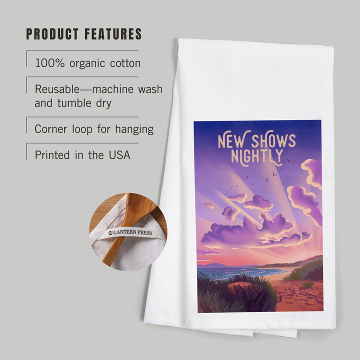 Lithograph, New Shows Nightly, Beach Sunset, Organic Cotton Kitchen Tea Towels Kitchen Lantern Press