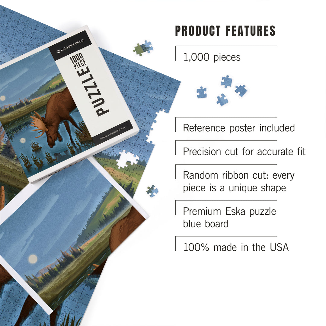 Lithograph, Reflection Pond and Bull Moose,, Jigsaw Puzzle Puzzle Lantern Press