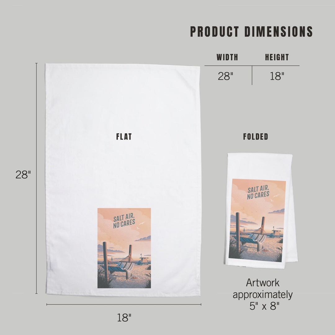 Lithograph, Salt Air, No Cares, Hammock on Beach, Organic Cotton Kitchen Tea Towels Kitchen Lantern Press