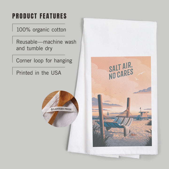 Lithograph, Salt Air, No Cares, Hammock on Beach, Organic Cotton Kitchen Tea Towels Kitchen Lantern Press