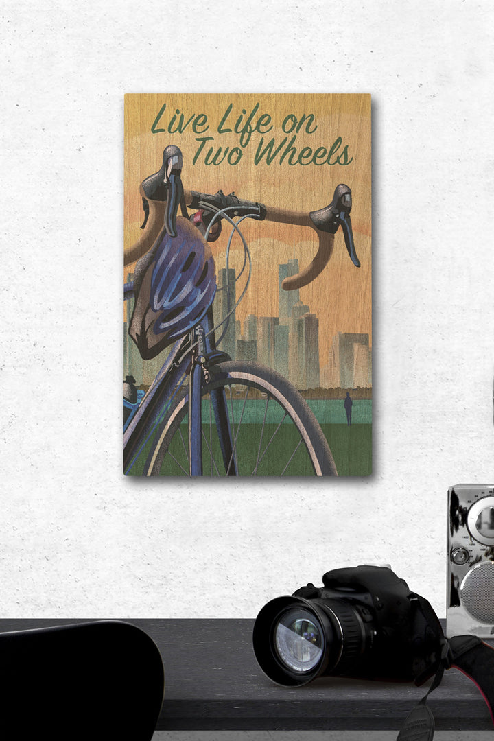 Live Life on Two Wheels, Bicycle and City, Lithograph, Wood Signs and Postcards Wood Lantern Press 12 x 18 Wood Gallery Print