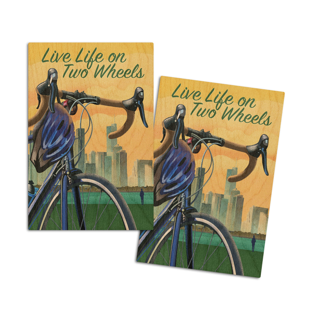 Live Life on Two Wheels, Bicycle and City, Lithograph, Wood Signs and Postcards Wood Lantern Press 4x6 Wood Postcard Set