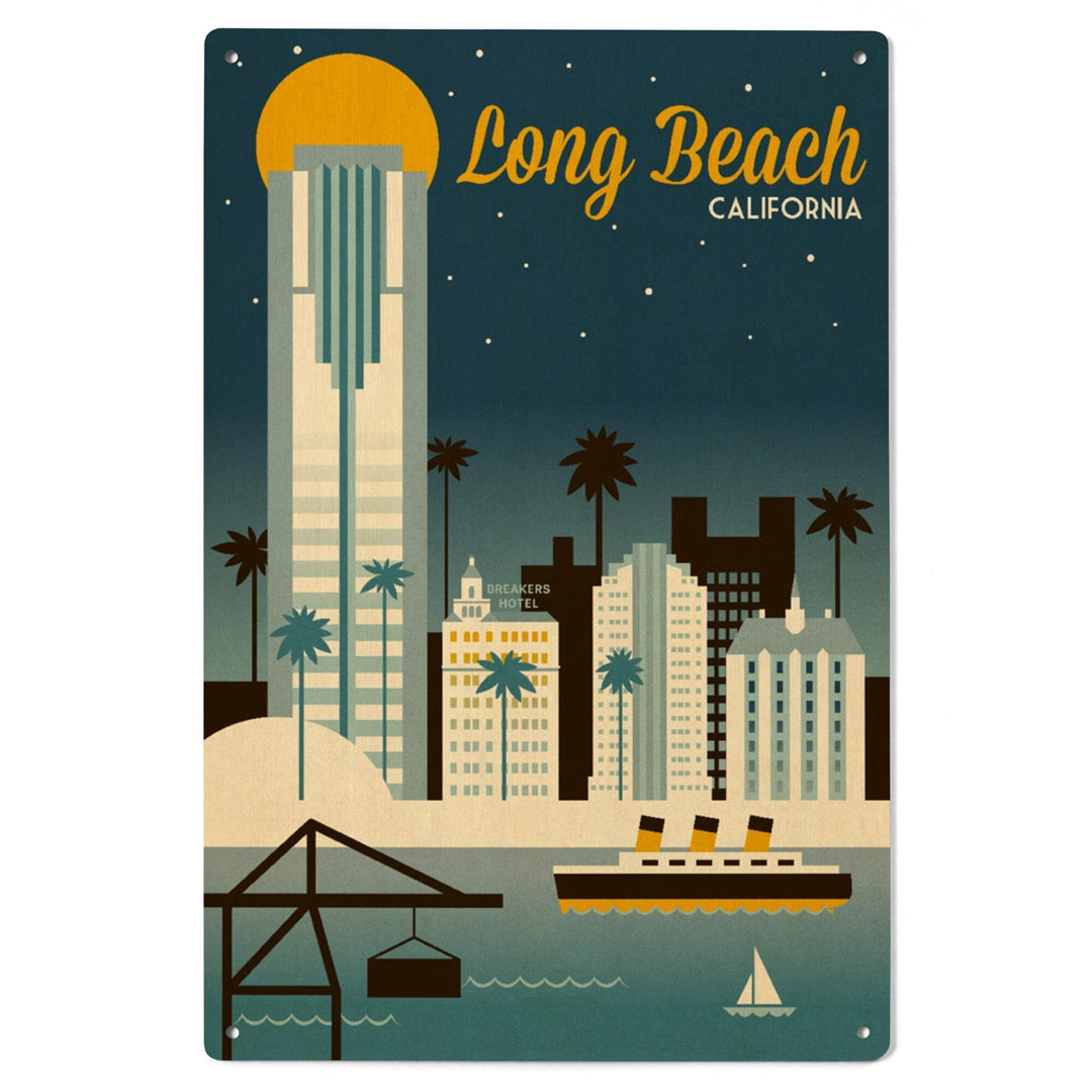 Long Beach, California, Retro Skyline Classic Series, Lantern Press Artwork, Wood Signs and Postcards - Lantern Press