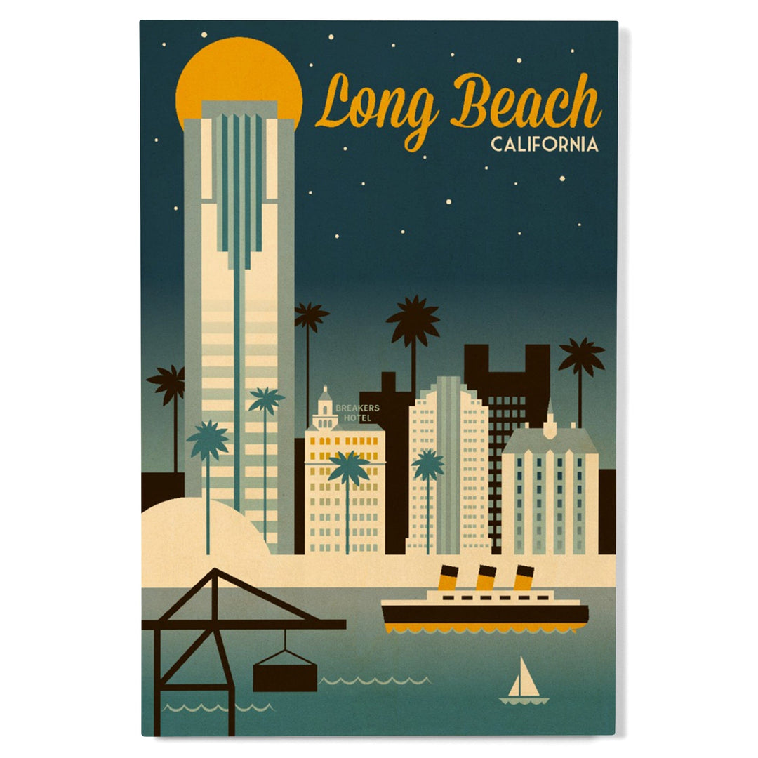 Long Beach, California, Retro Skyline Classic Series, Lantern Press Artwork, Wood Signs and Postcards - Lantern Press