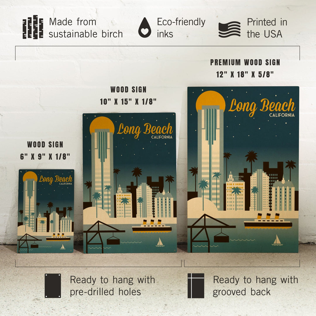 Long Beach, California, Retro Skyline Classic Series, Lantern Press Artwork, Wood Signs and Postcards - Lantern Press