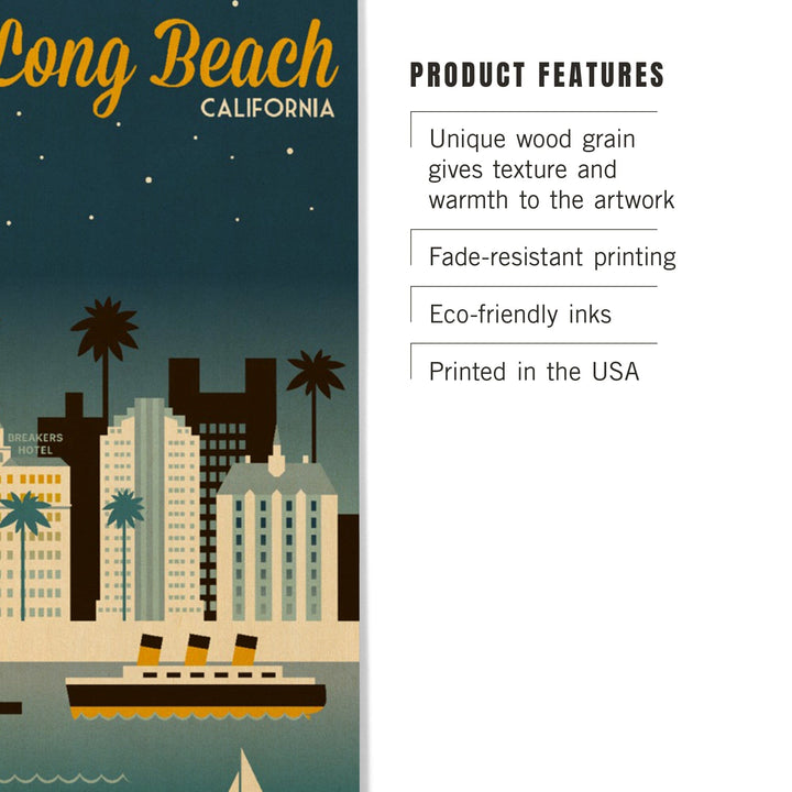 Long Beach, California, Retro Skyline Classic Series, Lantern Press Artwork, Wood Signs and Postcards - Lantern Press