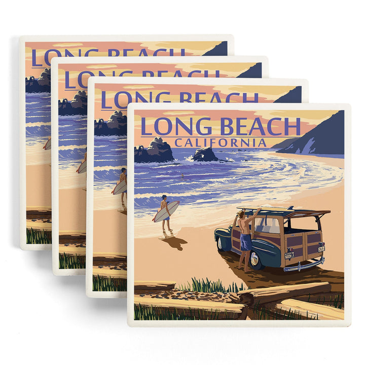Long Beach, California, Woody on Beach, Coasters Coasters Lantern Press